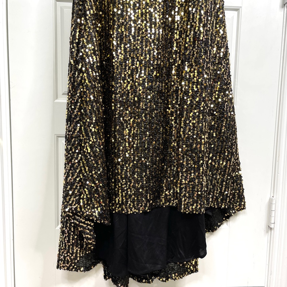 IEENA FOR MAC DUGGAL Sequined Cap Sleeve High Neck Gown NEW Size 8 Black Gold - Picture 5 of 14